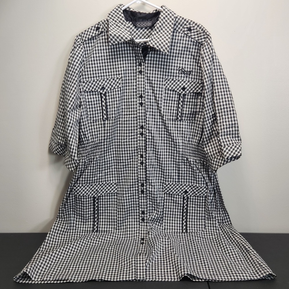 COOGI Women Sz 3X Striped Utility Shirt Dress Black White Check Y2K Spellout